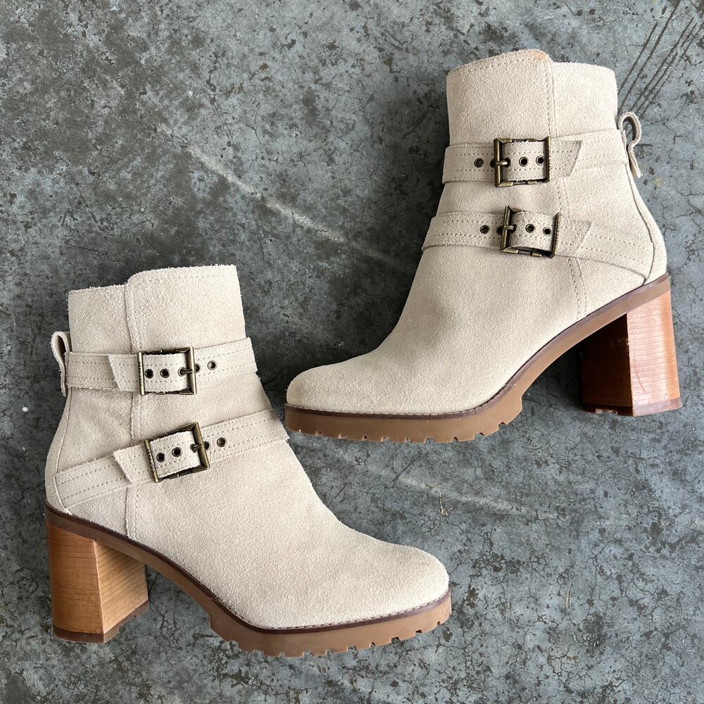 Cole Haan Grand 360 Beige Suede Moto Boots Womens 10 Western Boho Buckle Utility